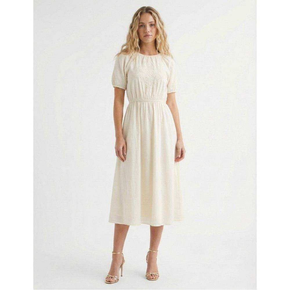 Pamela Love Yellow Eyelet Dress Large Cottagecore Puff Sleeve Open Back Boho